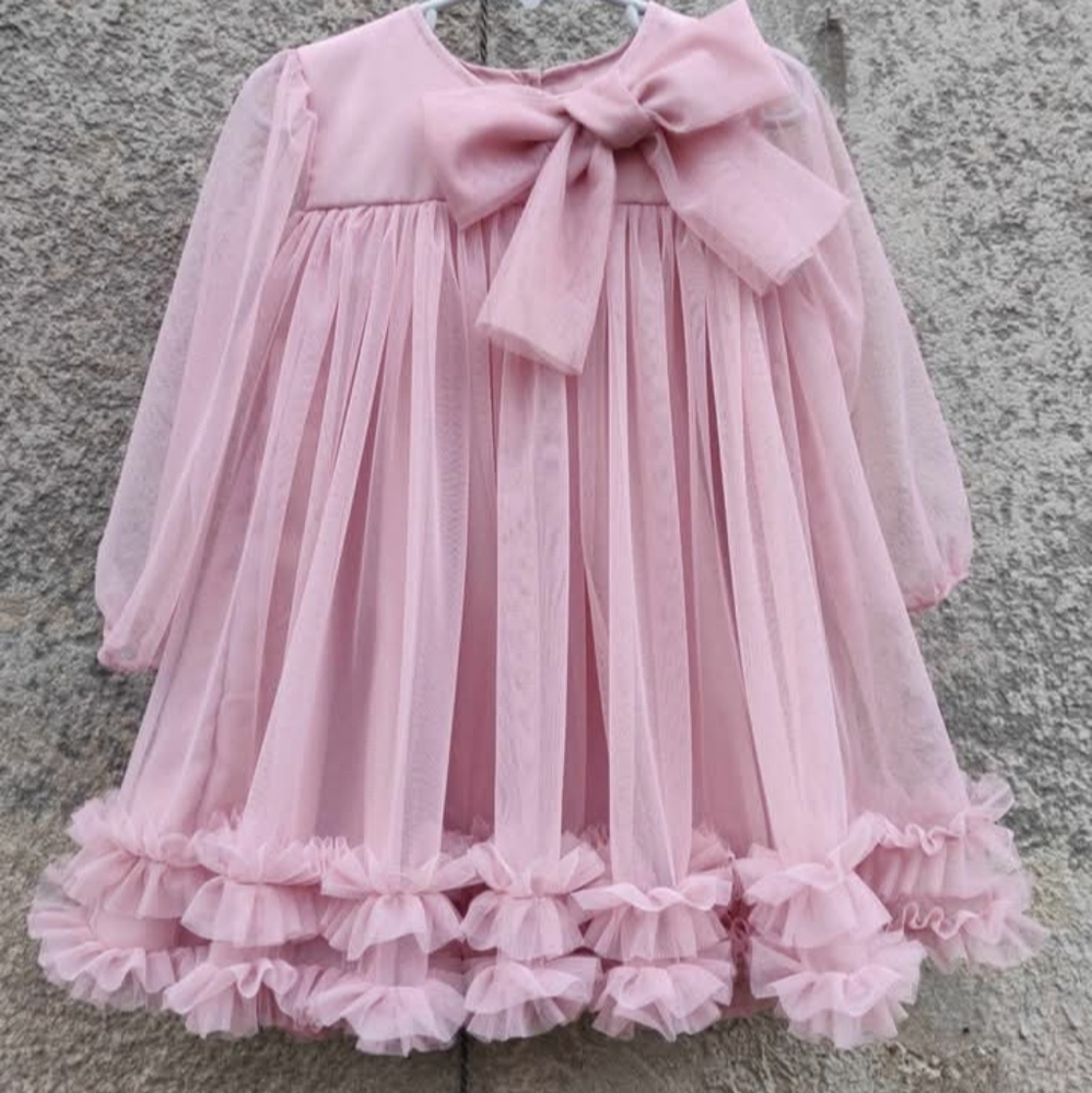 Handmade Elegant Pink Formal Kids Dress with Bow